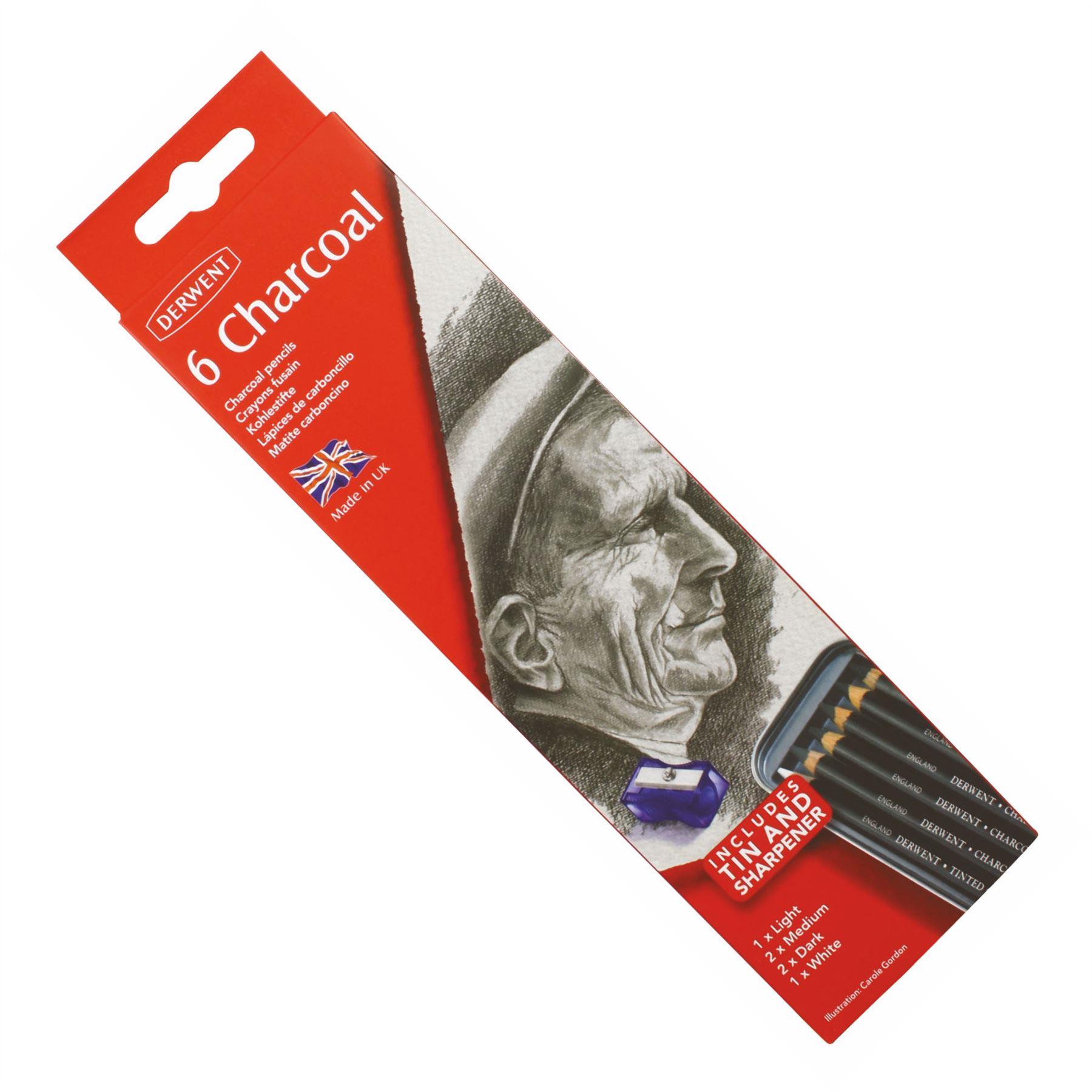 Derwent Charcoal 6 graded pencils tin set Light medium dark white