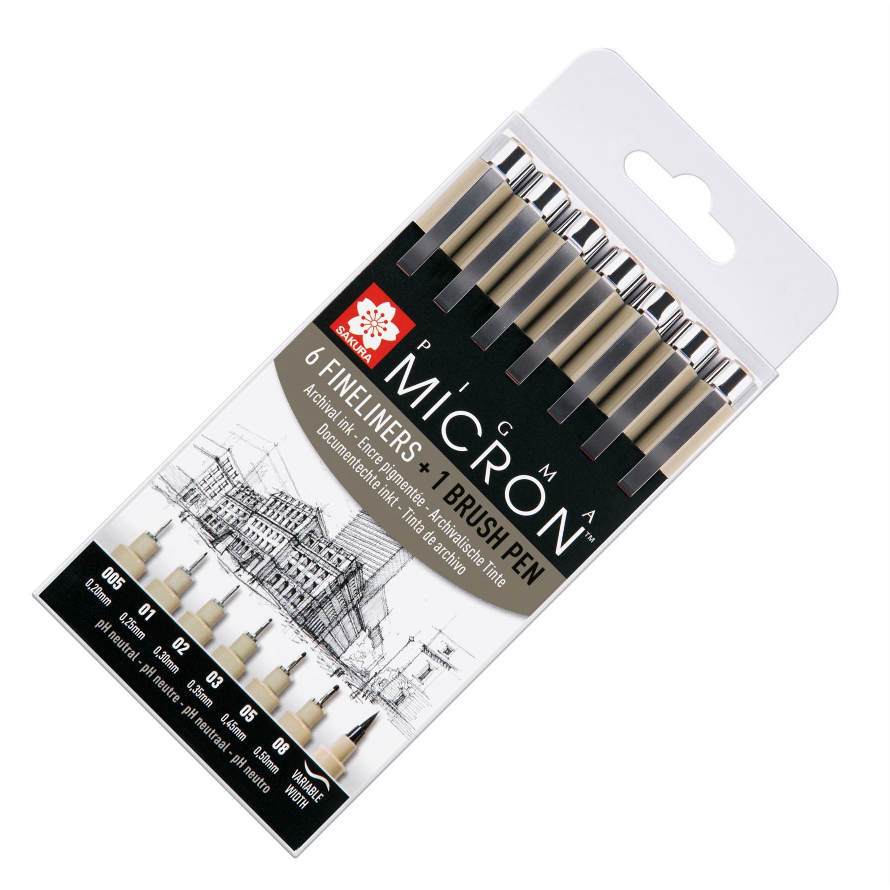 Lot De 14 Feutres Pigma Micron Sakura - Pointes De 0.03mm à 3mm + Pinceau - Encre Noire Indélébile