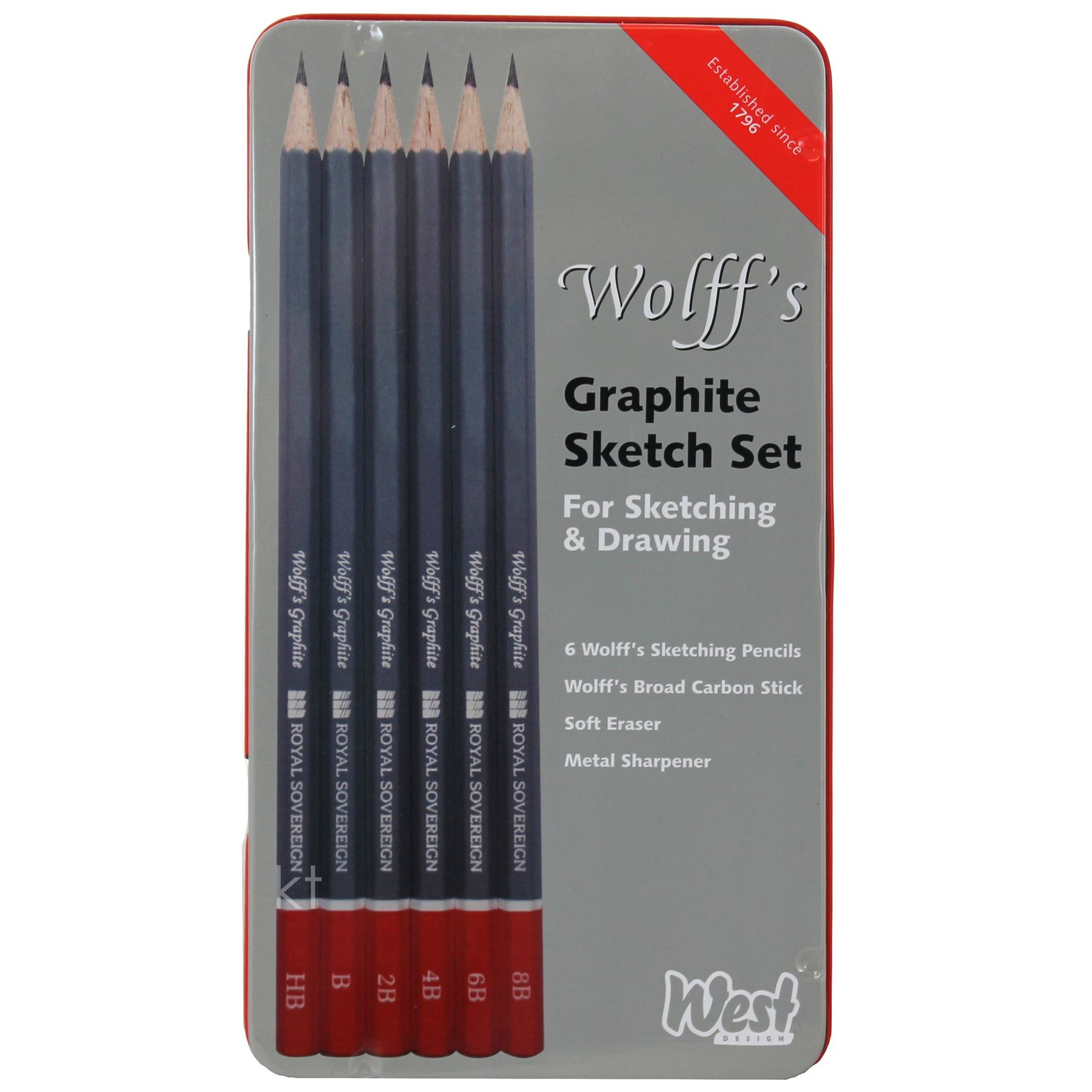 Wolff's Sketching Pencil Set Tin with Eraser Sharpener and 6 Pencils