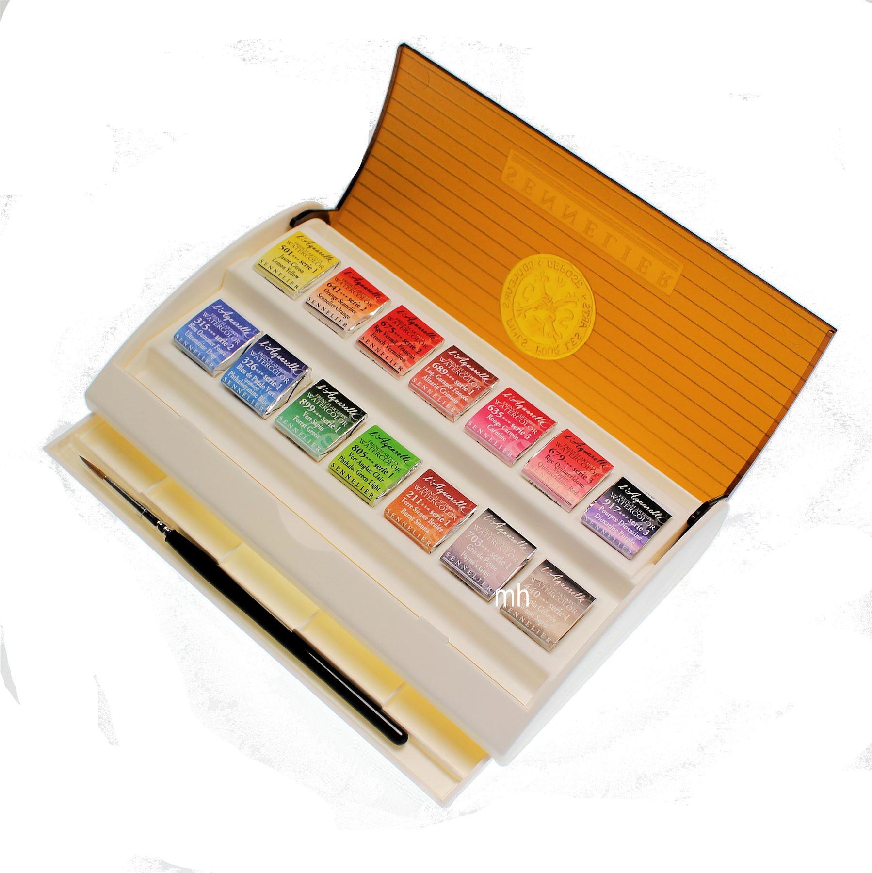 Sennelier Watercolor : Travel Box Set Of 14 Half Pans & Brush