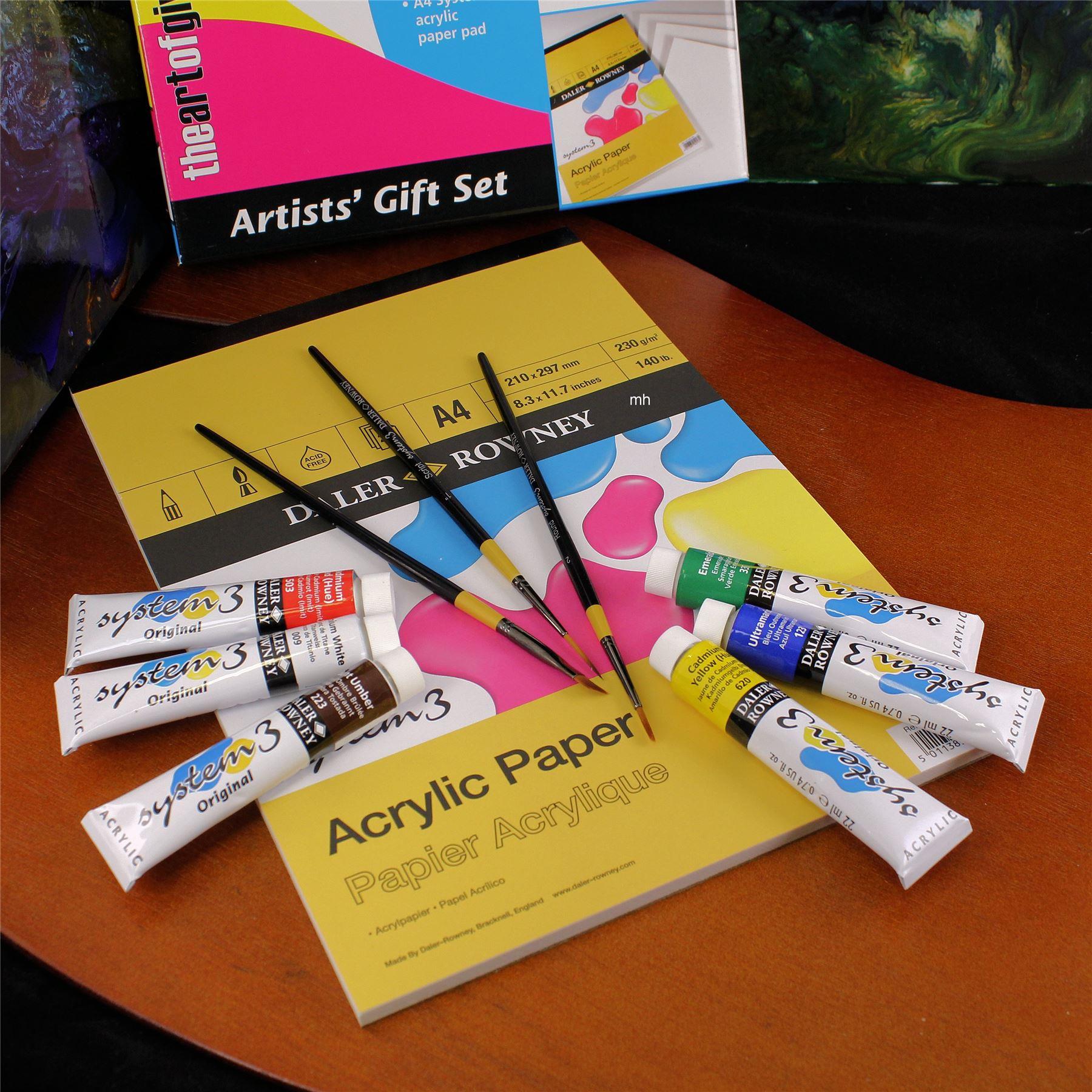 Daler Rowney system 3 Artists original acrylic paint gift set 6 x 22ml tubes 3 brushs, A4 pad