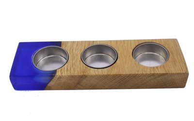 Oak wooden 3 tea light holder with blue resin edge
